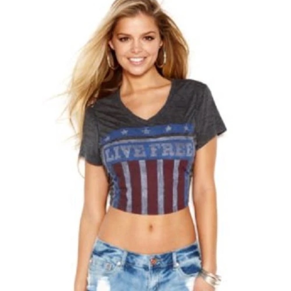 Guess Live Free Cropped Graphic Tee Shirt w/American Flag